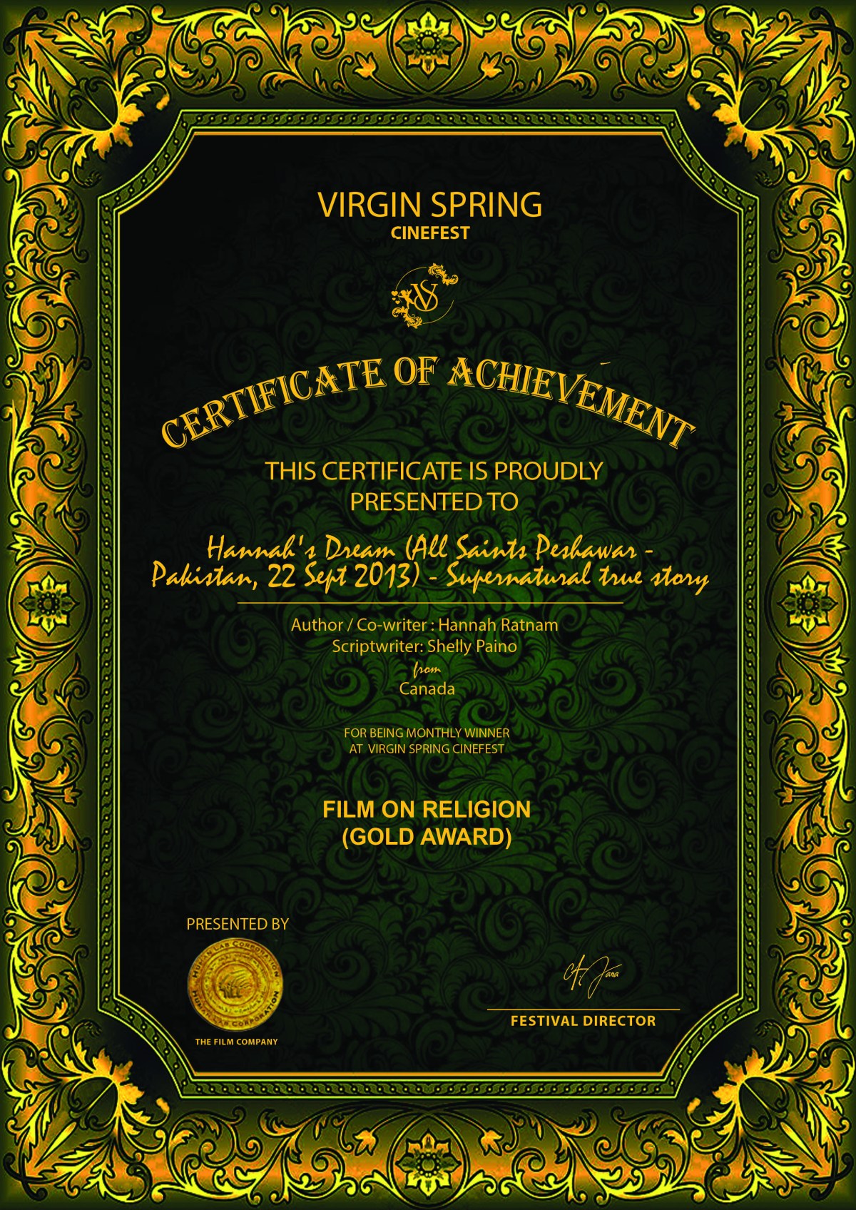 Award certificate